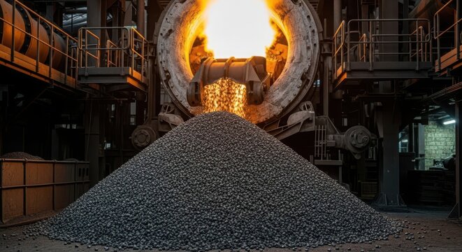 Giant industrial furnace pours molten metal into a pile of raw materials during a blast-furnace charging process