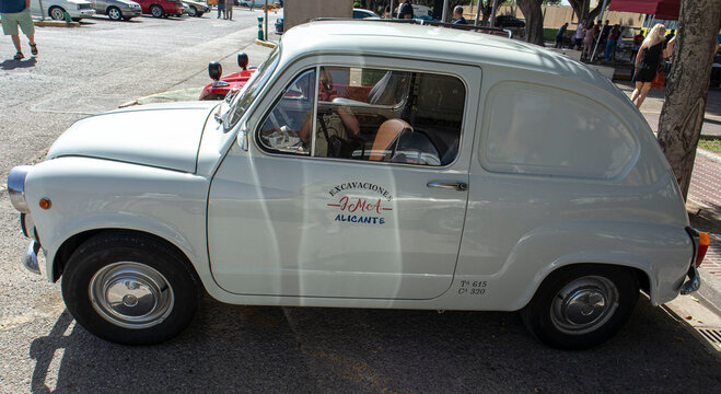 Tavernes Blanques, Spain - June 14, 2026. Vintage white SEAT Formichetta delivery van at a retro vehicle exhibition in Alicante