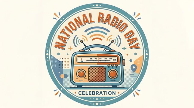 Flat vector illustration, basic National Radio Day lettering, and vintage radio with transmission waves
