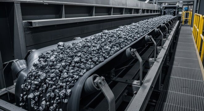 Heavy-duty coal conveyor belt transporting bulk fuel material in an industrial mining facility