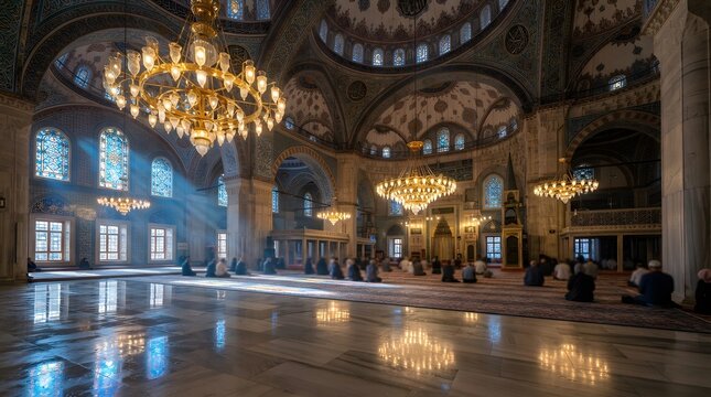 People praying inside a large mosque with golden chandeliers