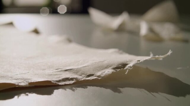 Curling torn fibrous sheet lifting on table by window, draft nudging edge exposing fibers, scraps