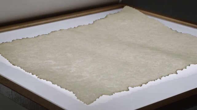 Curling cream deckled paper lifting after small shadow forming on illuminated lightbox in studio