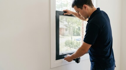 Fototapeta premium Male technician using a power drill to install a security mesh screen on a window. Professional contractor upgrading home safety with metal window guards