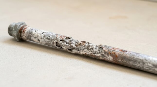 Close-up of a heavily corroded water heater anode rod with rust and mineral deposits. Damaged plumbing component showing severe degradation from hard water
