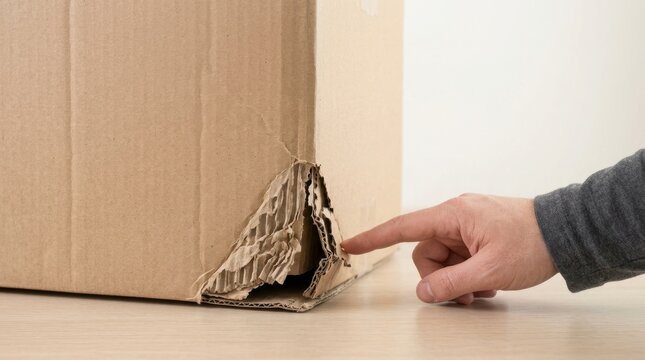 Hand pointing at damaged corner of cardboard box. Torn and crushed delivery package on wooden table. Shipping problem and return concept