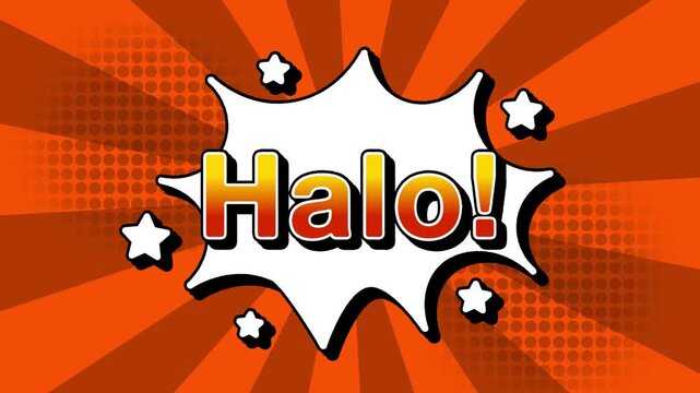 Halo text word lettering popup comic cartoon reveal with bomb and smoke explosion manga anime book page dots with radial speed lines doodle orange background with seamless loop animation retro	