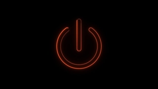 Orange glowing neon power button icon on dark background.