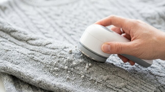 Hand using electric fabric shaver to remove pilling from grey knit sweater. Close-up of garment care tool restoring wool clothes
