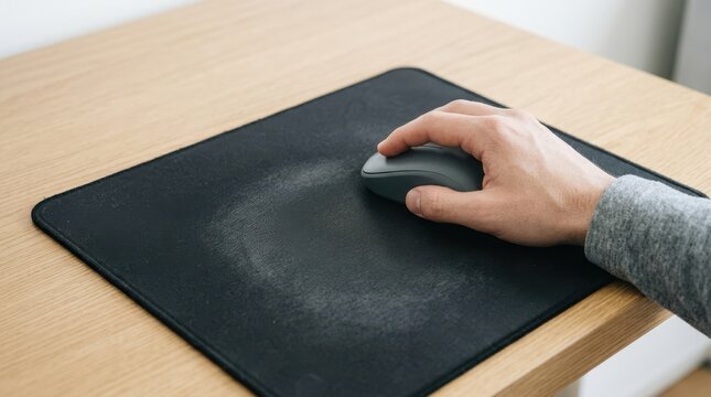 Close up of hand using computer mouse on worn black mouse pad. Fabric surface showing circular wear pattern from heavy use on wooden desk. Office workspace detail