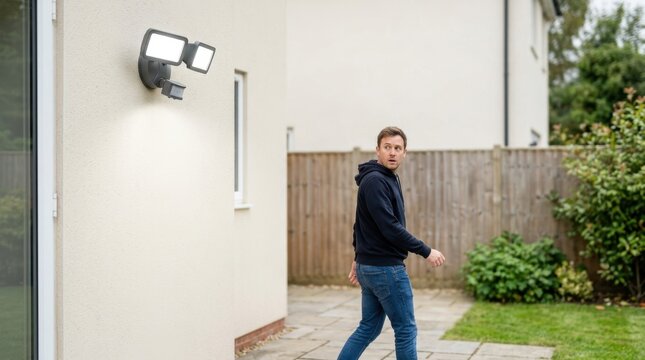 Startled man walking in backyard as outdoor motion sensor floodlight turns on. Security LED light illuminating residential patio area with startled person