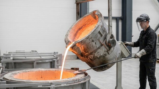 Industrial worker pouring molten aluminum from ladle into furnace. Heavy industry metal casting process in foundry. Metallurgy manufacturing plant operations