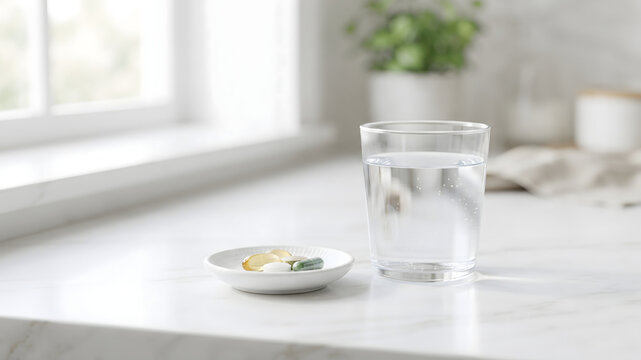 清潔なテーブルの上に置かれた毎日の健康管理のためのサプリメントとお水