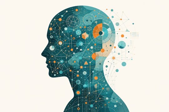 Human head silhouette profile with neural network representing artificial intelligence, machine learning, cognitive science, and digital technology concepts