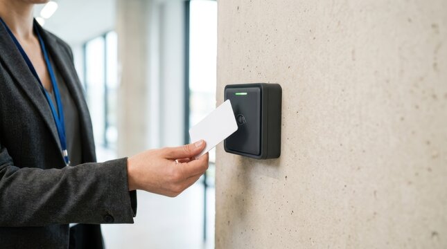 Person using RFID proximity card on wall reader. Office security access control system with keyless entry card