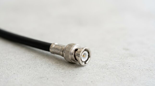 Coaxial cable with BNC connector close up. Security camera connection wire on grey concrete surface