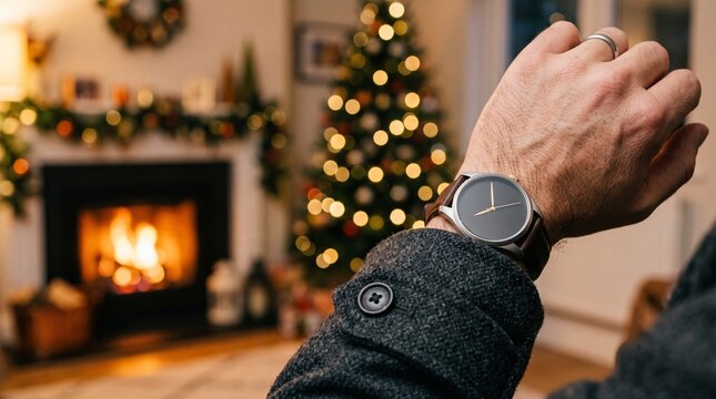Close up view of man hand checking analog wrist watch with blank textless dial face with blurred living room background illustrating organic minimal concept layout for new year holiday