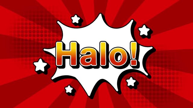 Halo text word lettering popup comic cartoon reveal with bomb and smoke explosion manga anime book page dots with radial speed lines doodle red background with seamless loop animation retro	