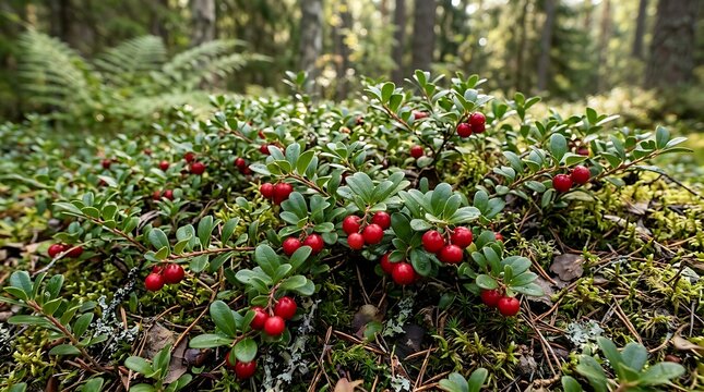 Fresh red lingonberries growing on a green bush in a sunny forest during a bright summer afternoon. american bearberry