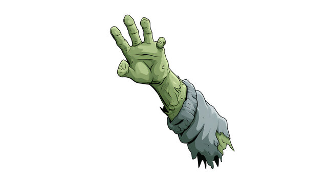 detailed render of zombie hand reaching upward with torn sleeve, spooky prop, hand drawn flat illustration, playful line art, soft colors, isolated on white background