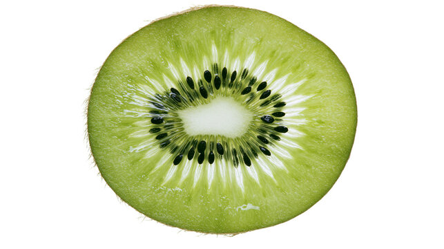 Close-up slice of fuzzy green kiwi fruit with black seeds, isolated on transparent background