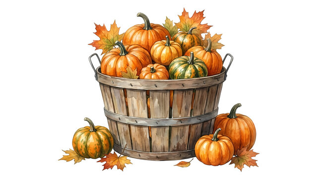 Wooden basket overflowing with assorted autumn pumpkins and fall leaves harvest bounty.