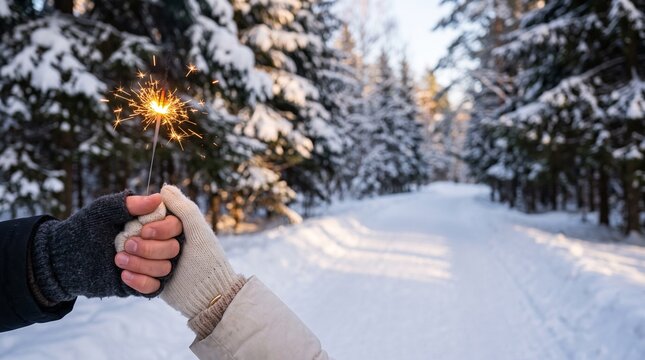 Close up view of interlocked hands holding single bright sparkler outdoors on winter evening with snow covered park road illustrating organic minimal concept layout for new year holiday