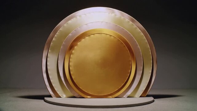 Spotlight shifting, nested panels rotating on low stand revealing copper rim and gold inner glints