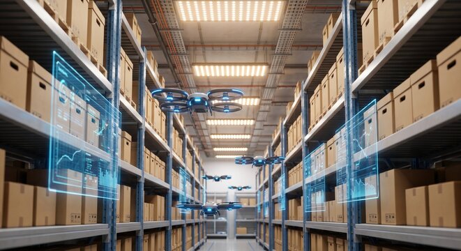 Autonomous delivery drones flying in warehouse aisles with holographic data screens displaying logistics analytics and inventory management information
