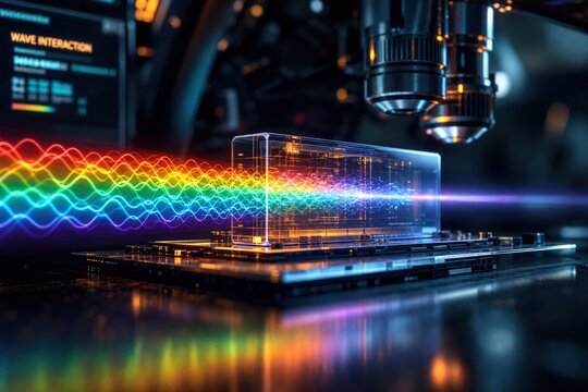 Futuristic quantum computer microchip with laser light waves passing through a prism under a microscope during a scientific experiment in advanced photonics