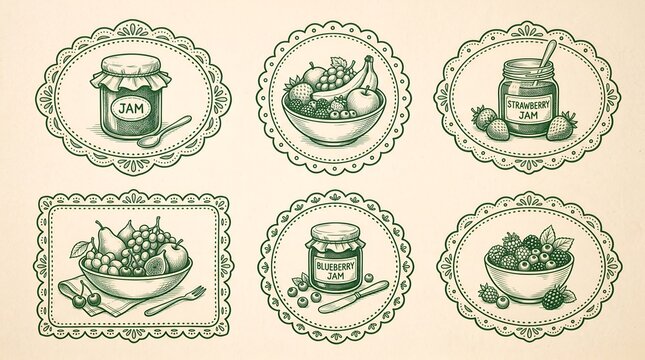 Vintage green food labels with jam jars and fruit.