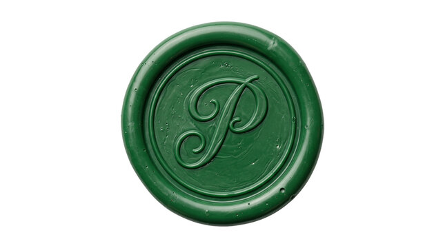 A green wax seal with an elegant letter P embossed in its center, on transparent background.