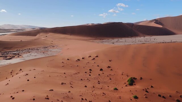 Aerial drone sweep shows rust red dunes, white clay pan, dark trees, and shrubs in Sossusvlei, Namibia, with long shadows, footprints, and wide warm light framing.