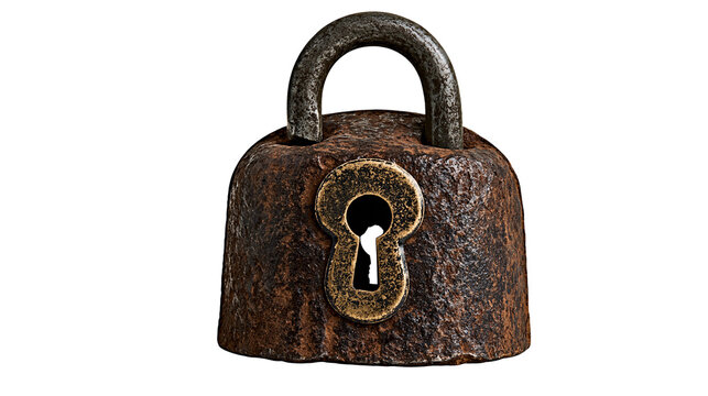Antique rusty iron padlock with brass keyhole, isolated on transparent background