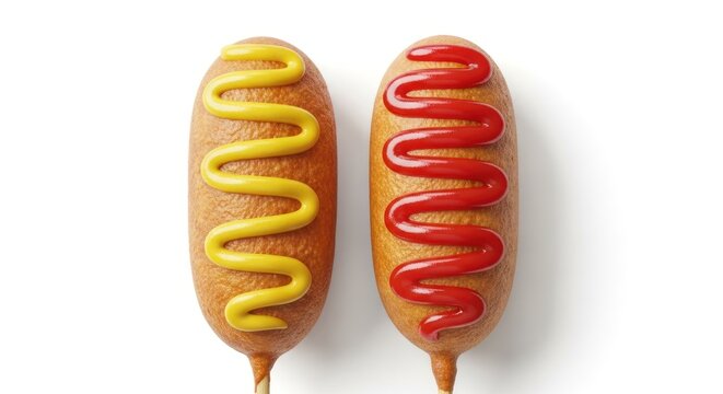 Two Delicious Corn Dogs with Ketchup and Mustard on White Background.