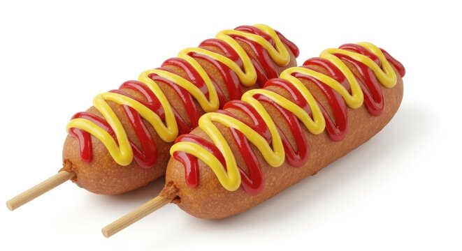 Two Delicious Corn Dogs with Ketchup and Mustard Drizzled on Top.