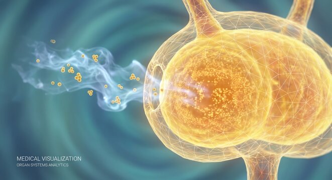 Microscopic cellular receptor releasing neurotransmitter molecules during a biological process of synaptic transmission in a scientific medical visualization