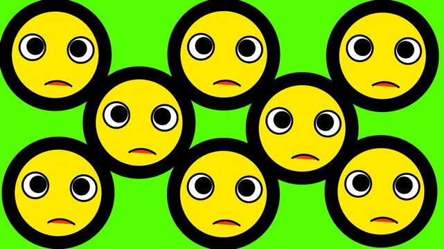 Anxious yellow emoji faces animation loop with green screen background