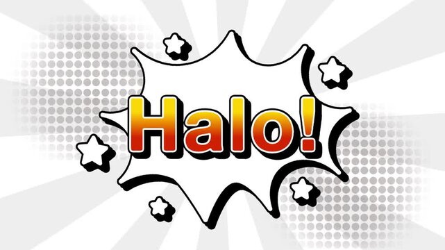 Halo text word lettering popup comic cartoon reveal with bomb and smoke explosion manga anime book page dots with radial speed lines doodle white background with seamless loop animation retro	