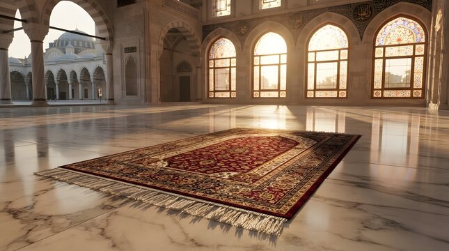 Red prayer rug on marble floor inside a large mosque hall