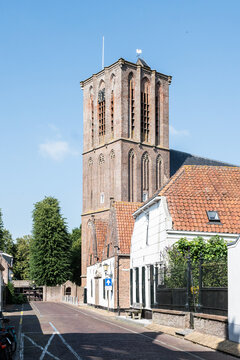 Historic Gothic Tower of Saint Nicholas Church Sint-Nicolaaskerk in Medieval Fortified Hanseatic Fishing Town of Elburg, Gelderland, Netherlands