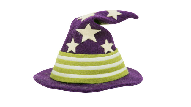 Purple felt witch hat with white stars and green stripes, isolated on transparent background