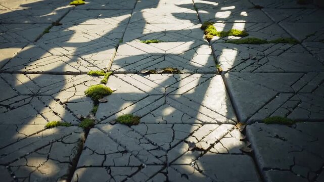 Shifting sunlight casting rail shadows sliding over patterned cracked pavers at patio, showing moss
