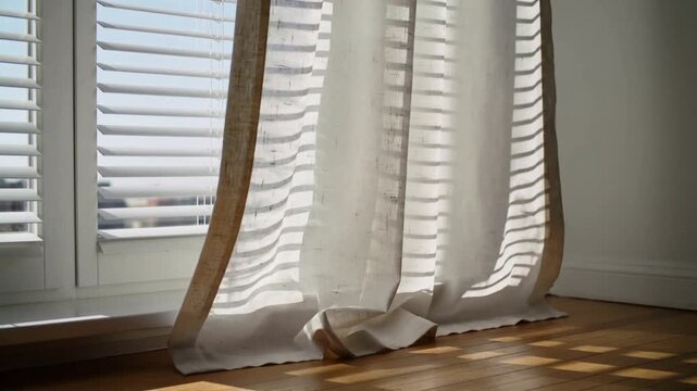 Swaying sheer curtain beige trim at window draft lifting hem on wood floor shutters casting shadows