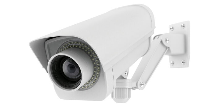 White surveillance camera with adjustable bracket, isolated on transparent background