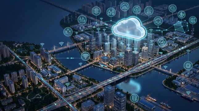 Smart city cloud computing infrastructure with illuminated digital icons representing urban internet of things and connected municipal network.