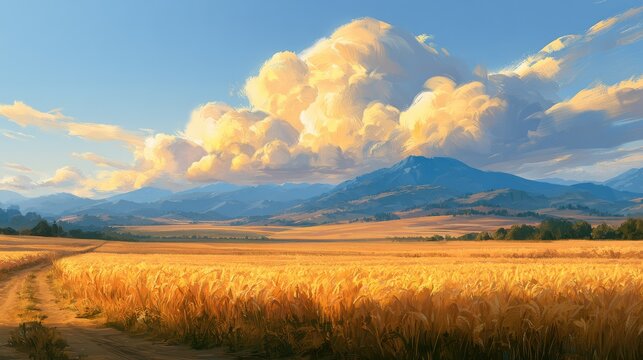 Golden wheat field under a vast, dramatic sky with distant mountains