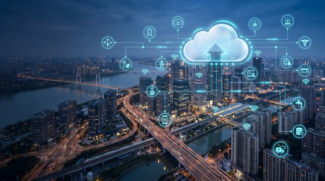 Urban digital transformation concept featuring smart city skyline with glowing cloud upload icon demonstrating municipal data migration.