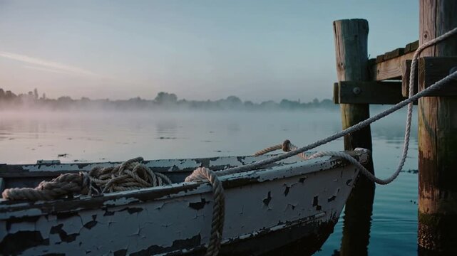 Dawn light brightening, camera panning, peeling rowboat bobbing at wooden dock with coiled rope