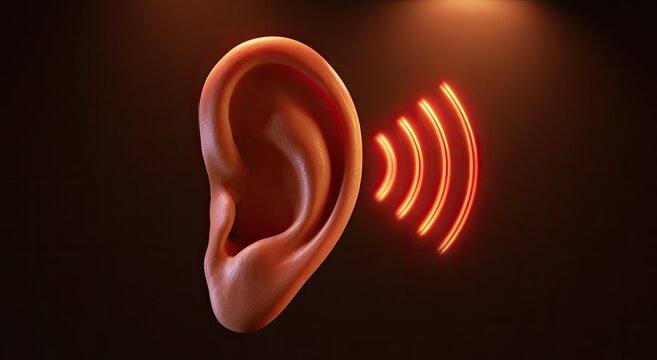 Realistic 3D render of a human ear with sound waves radiating outwards